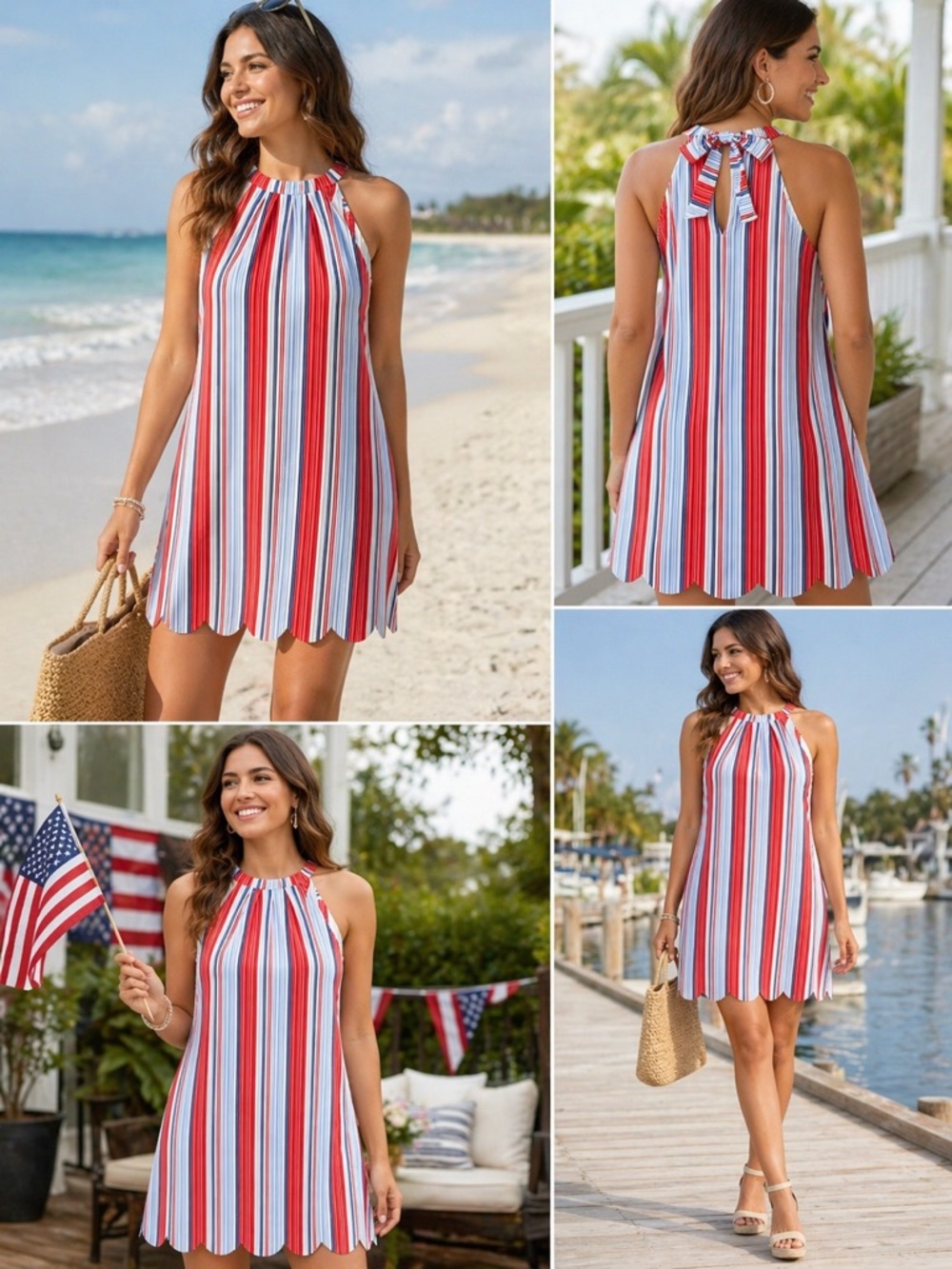 Sleeveless Striped Halter Midi Dress - Red, White & Blue